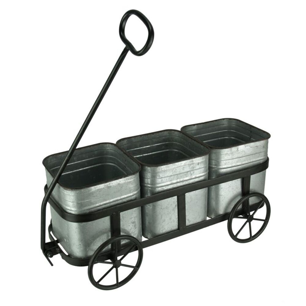 Metal Rustic Wagon With 3 Galvanized Planter Tins